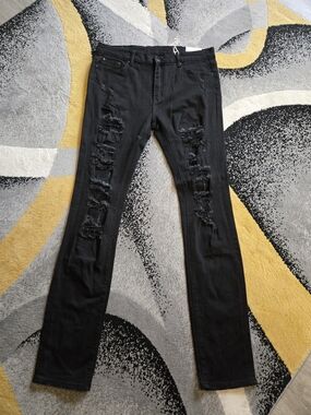 Men's Black Distressed Slim Jeans Rhinestone